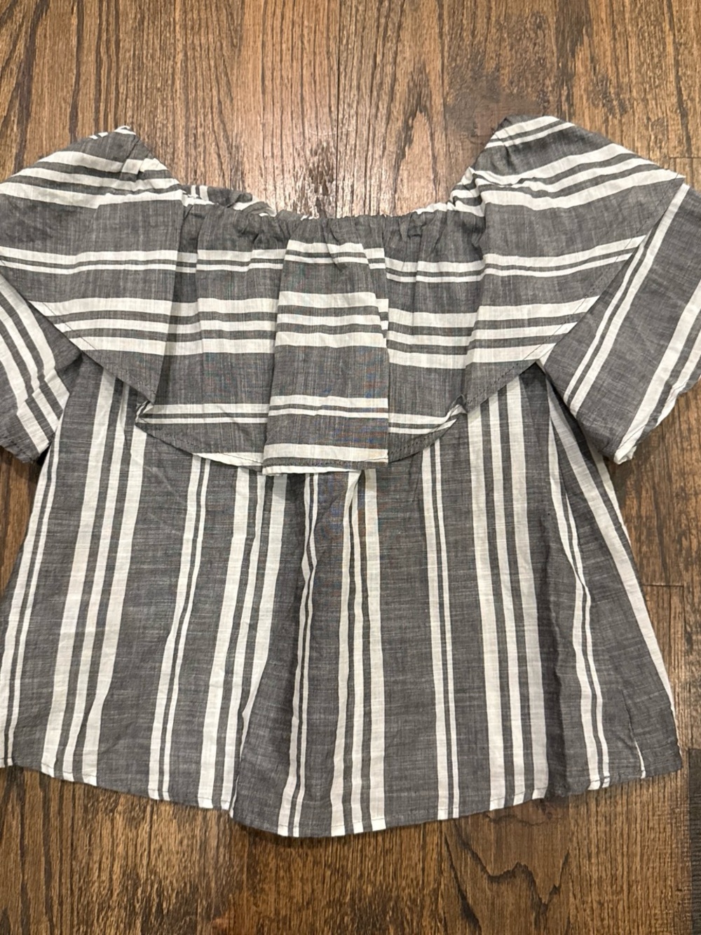 Anthropologie Gray and White Striped Off‑Shoulder Blouse
